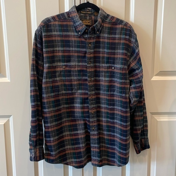 Eddie Bauer Sonoma Heathers Casual Button Down Plaid Flannel Navy/Brown/Green L - Picture 1 of 7